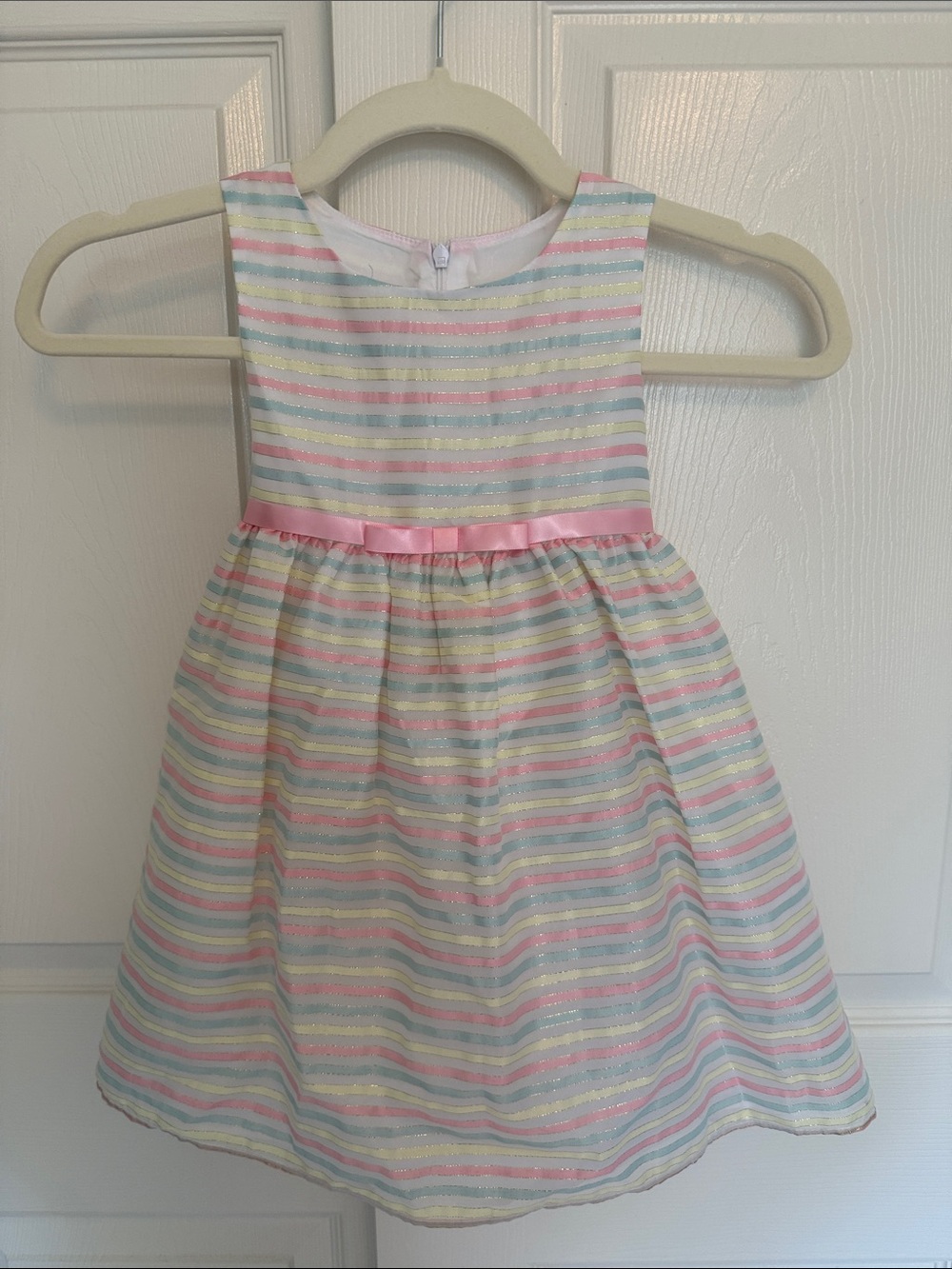 Girls Pastel Stripe Party Dress with Pink Bow Ribbon